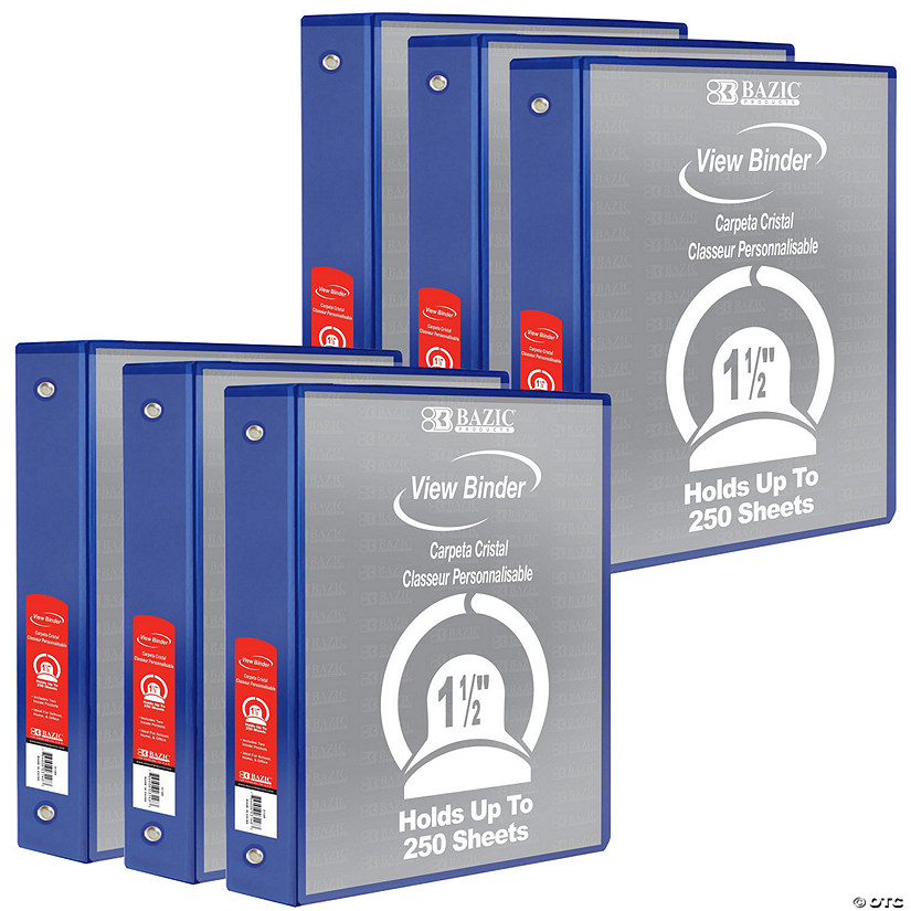 BAZIC Products 3-Ring View Binder with 2 Pockets, 1.5", Blue, Pack of 6 Image