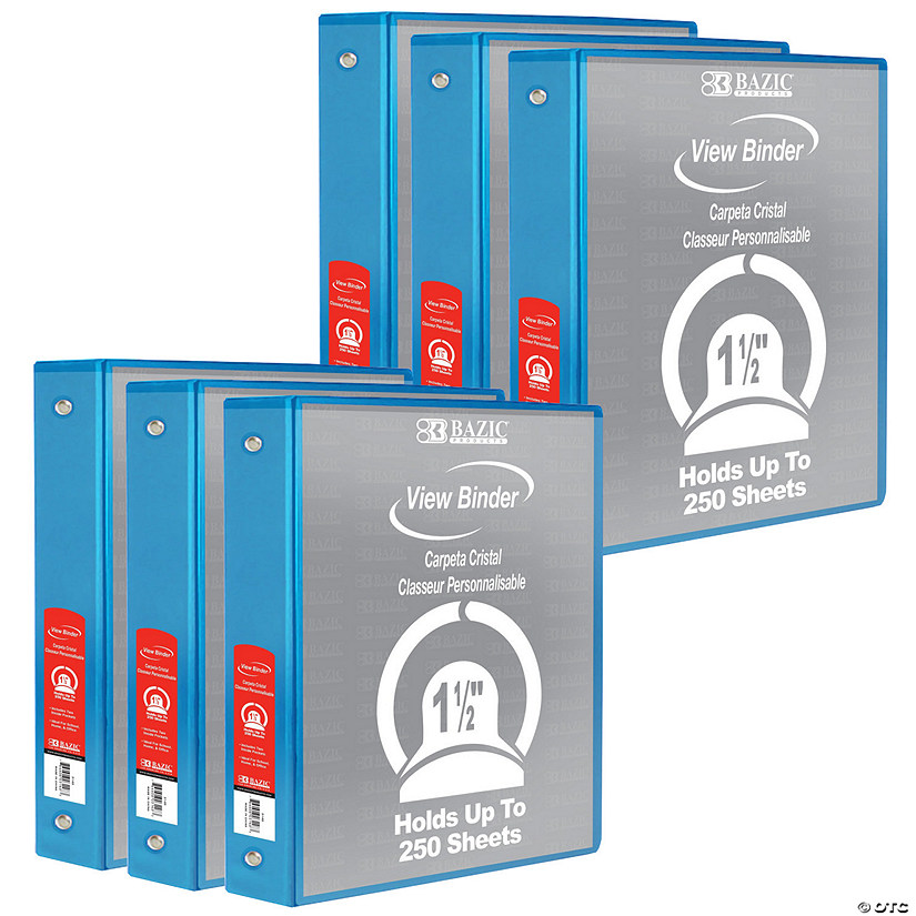 BAZIC Products 3-Ring View Binder with 2 Pockets, 1.5", Cyan, Pack of 6 Image