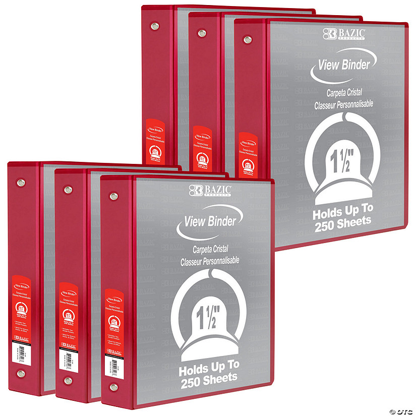 BAZIC Products 3-Ring View Binder with 2 Pockets, 1.5", Red, Pack of 6 Image
