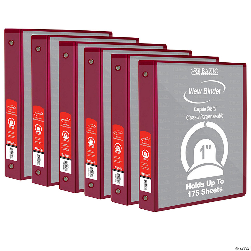 BAZIC Products 3-Ring View Binder with 2 Pockets, 1", Burgundy, Pack of 6 Image