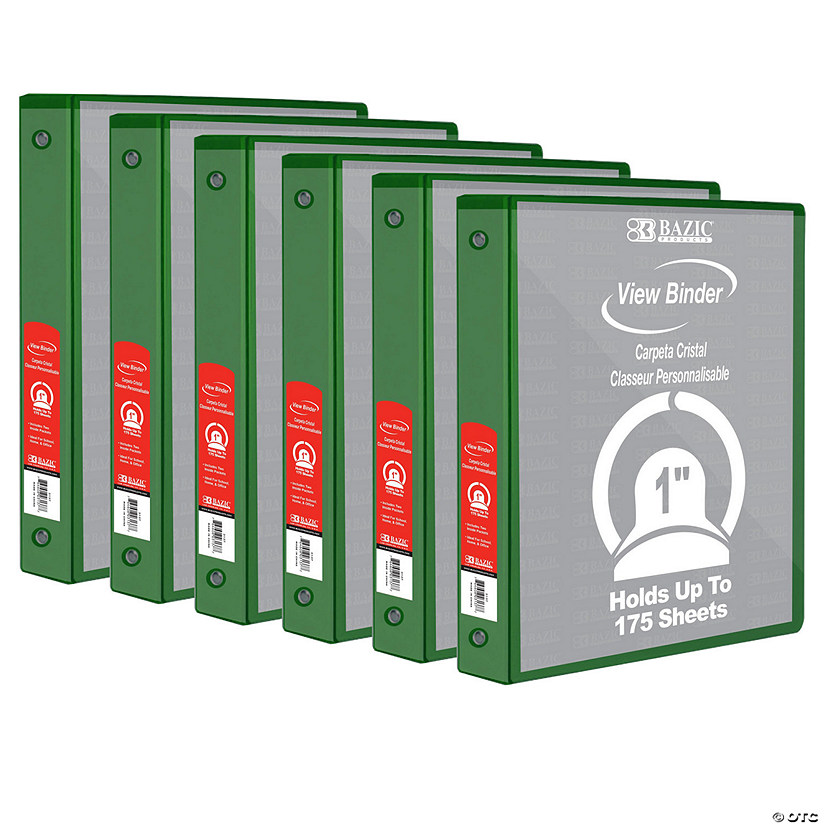 BAZIC Products 3-Ring View Binder with 2 Pockets, 1", Green, Pack of 6 Image