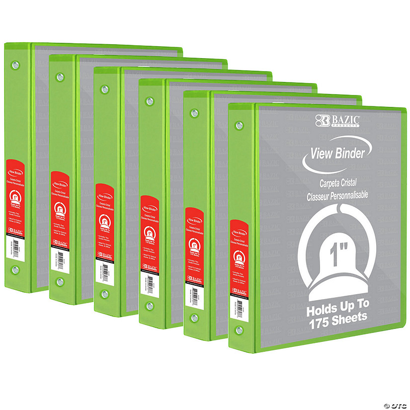 BAZIC Products 3-Ring View Binder with 2 Pockets, 1", Lime Green, Pack of 6 Image