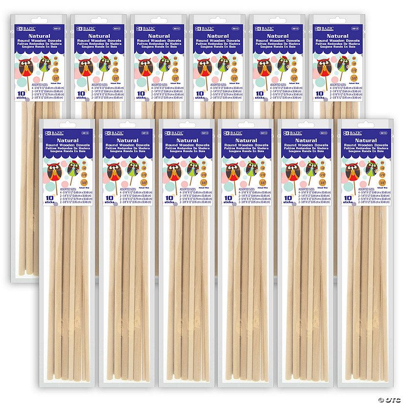 BAZIC Products Assorted Round Natural Wooden Dowel, 10 Per Pack, 12 Packs Image