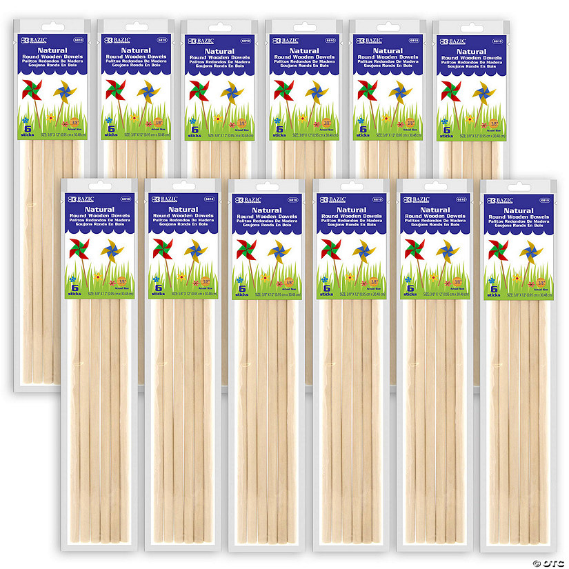 BAZIC Products Round Natural Wooden Dowel, 3/8" x 12", 6 Per Pack, 12 Packs Image