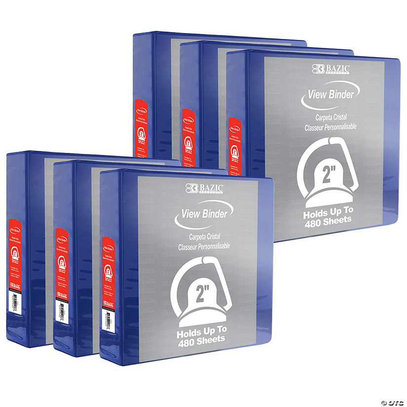 BAZIC Products Slant D Ring View Binder with 2 Pockets, 2", Blue, Pack of 6 Image