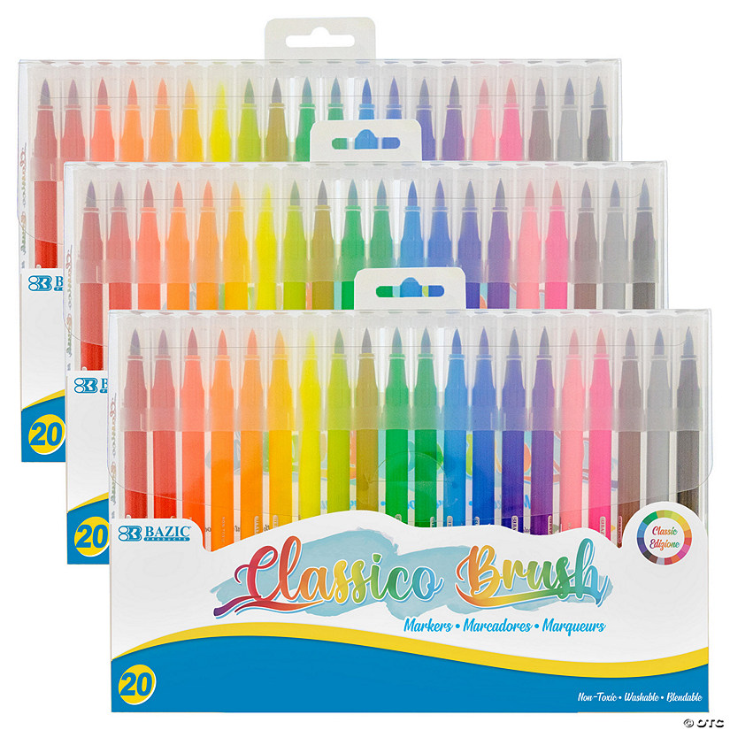 BAZIC Products Washable Brush Markers, 20 Colors, 20 Per Pack, 3 Packs Image