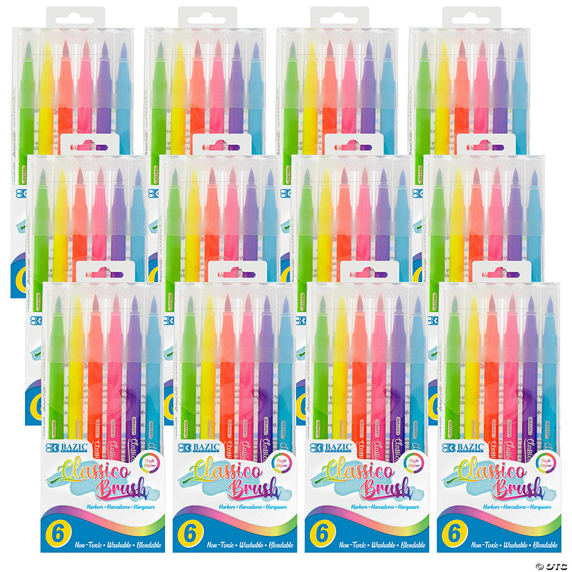 BAZIC Products Washable Brush Markers, Fluorescent Colors, 6 Per Pack, 12 Packs Image