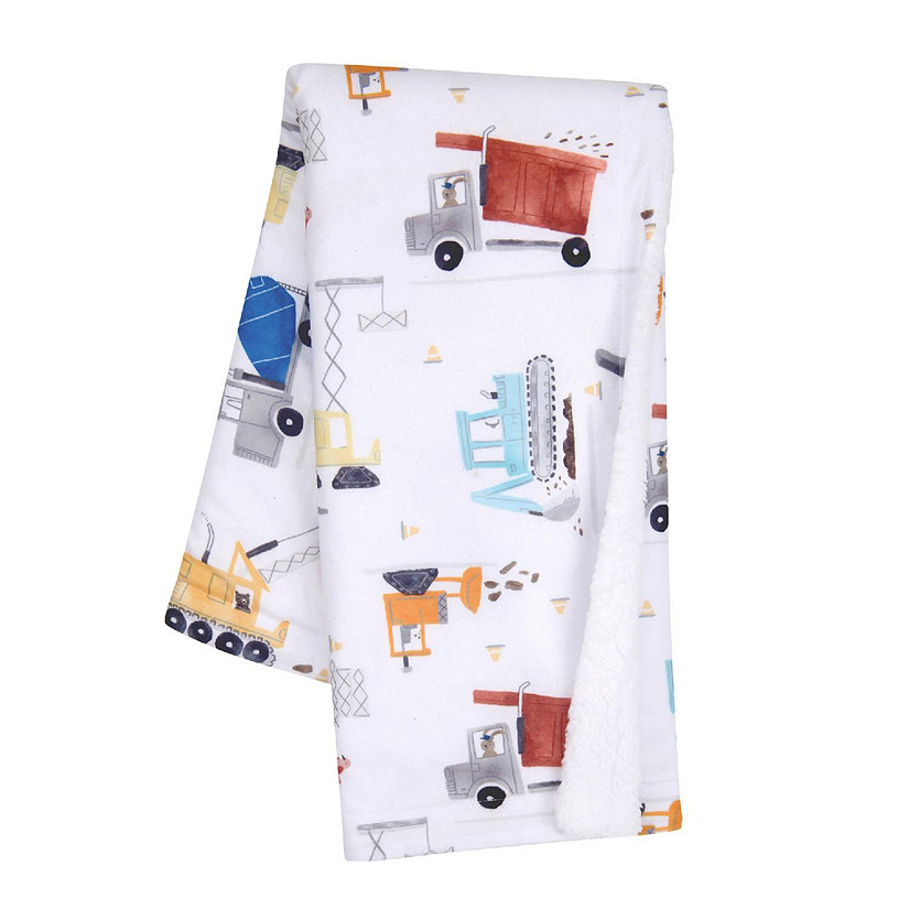 Bedtime Originals Construction Zone White Cozy Fleece Trucks Baby Blanket Image