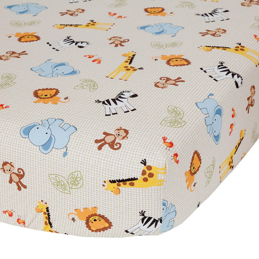 Bedtime Originals Jungle Buddies Beige Safari Animals Fitted Baby Crib Sheet Image