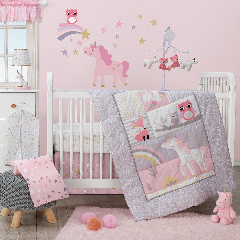 Bedtime Originals Rainbow Unicorn 3-Piece Crib Bedding Set - Pink, Purple Image