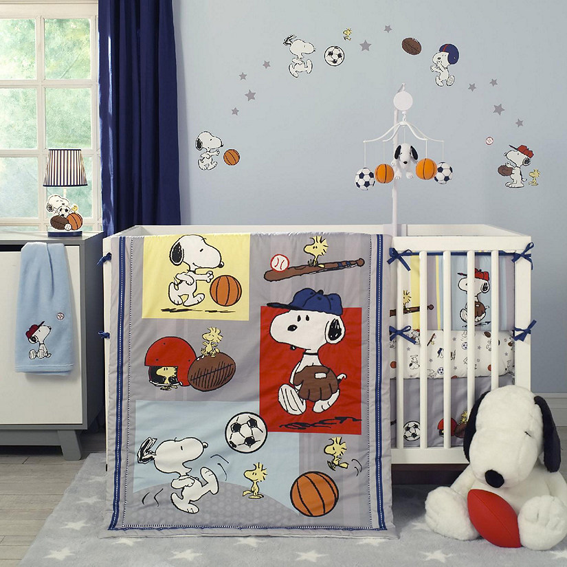 Bedtime Originals Snoopy Sports 3-Piece Crib Bedding Set - Blue, Red, Gray Image