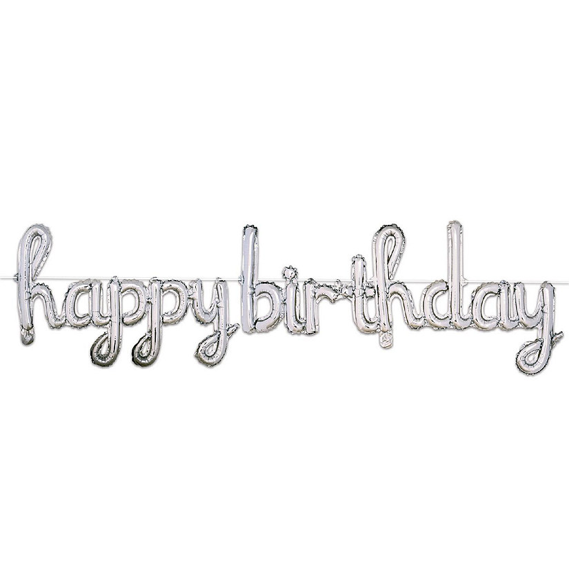 Beistle - Script Happy Birthday Balloon Streamer - Silver - 6 Pack Image
