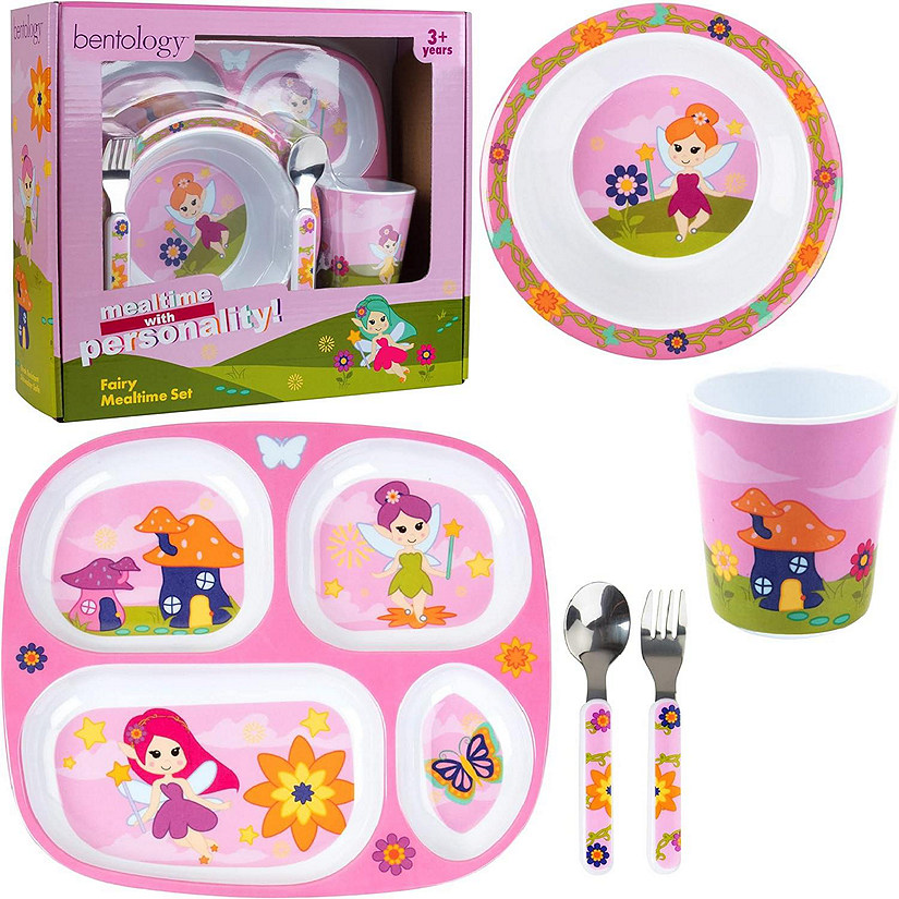 Bentology 5 Pcs Fairy Mealtime Divided Plate Feeding Set for Kids - Includes Plate w/Four Compartments, Bowl, Cup, Fork & Spoon Utensil Flatware Image
