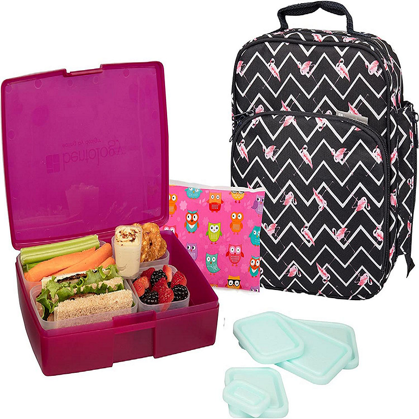 Bentology Lunch Bag and Box Set for Girls, 9 Pieces Total - Kids Insulated Lunchbox Tote, Bento Box, 5 Containers and Ice Pack - Flamingo Image