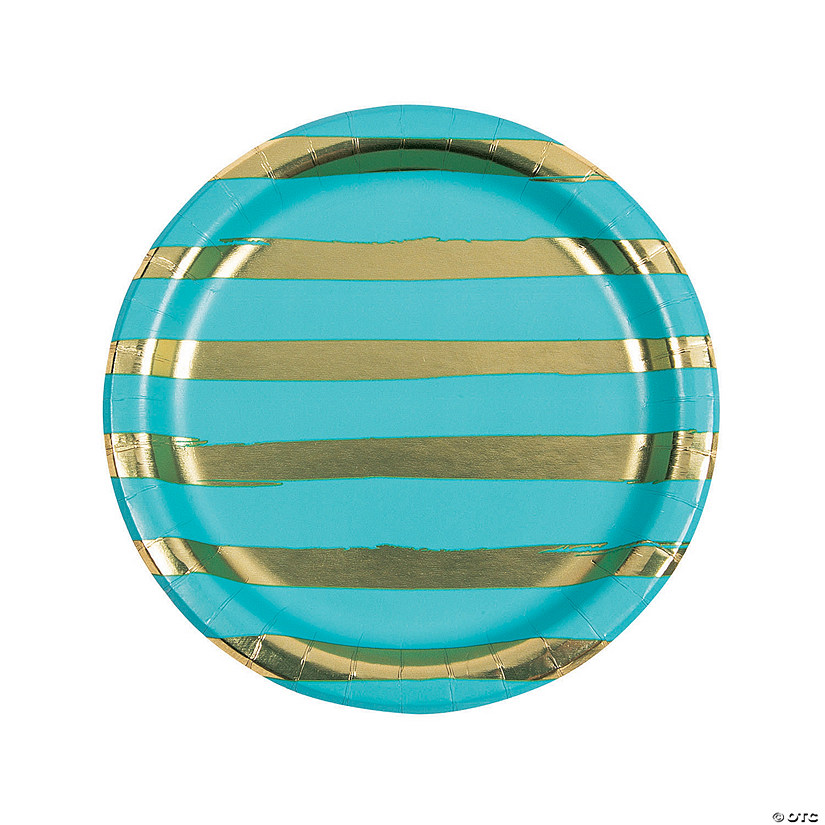 Bermuda Blue & Gold Foil Striped Paper Dinner Plates - 8 Ct. Image