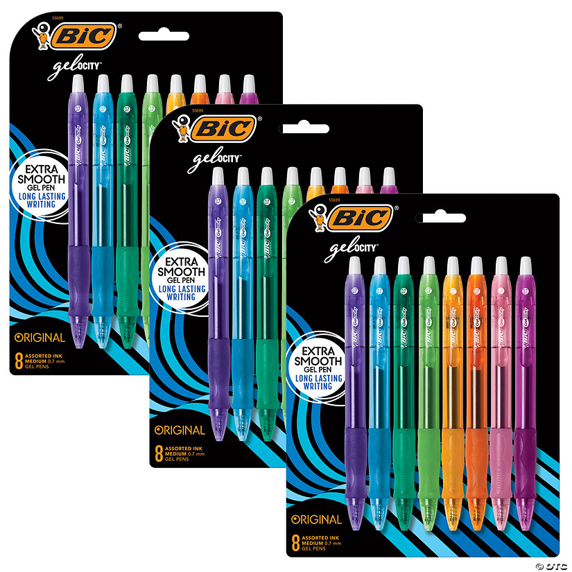 BIC Gelocity Original Long Lasting Fashion Gel Pens, Medium Point (0.7mm) Assorted Ink, 8 Per Pack, 3 Packs Image