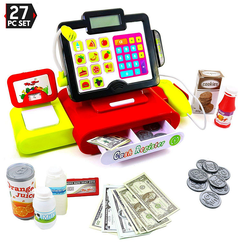 Big Mo&#8217;s Toys 27 Piece Cash Register Set With Pretend Play Food, Money, Lights and Sounds Image