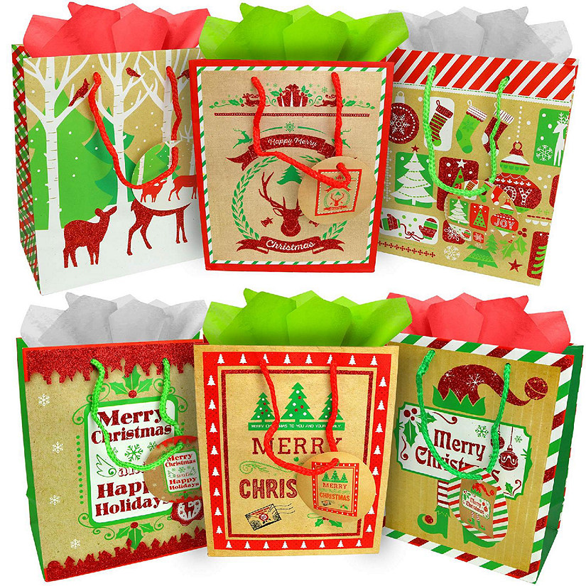 Big Mo's Toys Gift Bags - Holiday Paper Bags with  Glitter Designs - 6 Pack Image