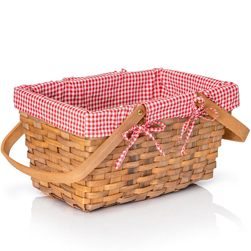 Big Mo's Toys Picnic Basket - Woven Natural Woodchip Wicker Basket with Double Handles and Red and White Gingham Blanket Lining Image