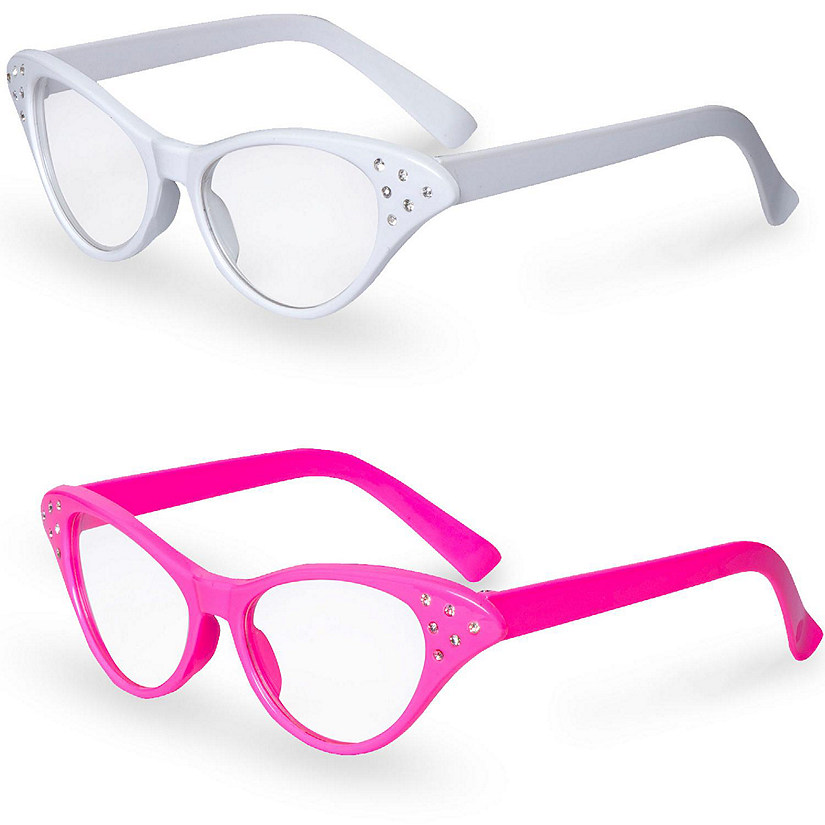 Big Mo's Toys Pink and White Cat Eye Retro Costume Dress Up Rhinestone Glasses Image