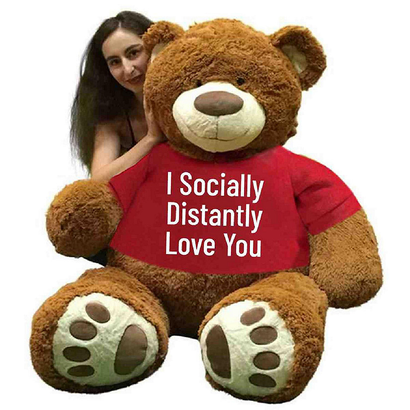 Big Teddy Giant 5 Ft Brown Bear in I Socially Distantly Love You tshirt Image
