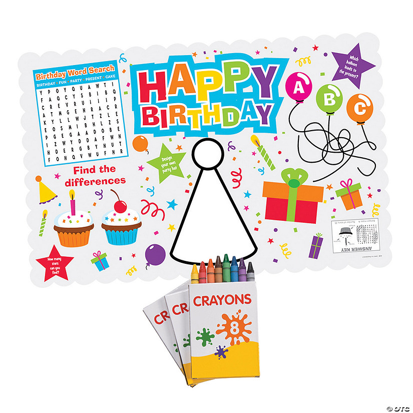 Birthday Activity Placemat & Crayons Kit for 12 Oriental Trading