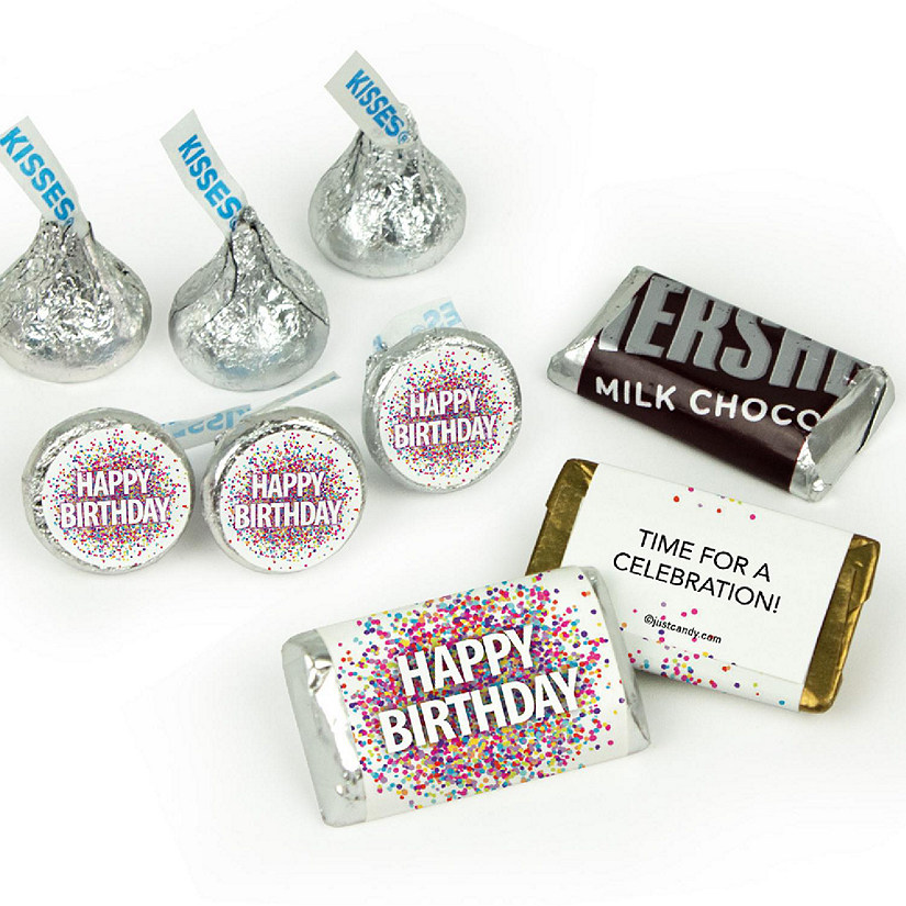 Birthday Candy Party Favors (Approx. 100 Pcs Milk Chocolate Hershey's Kisses & 40 Pcs Wrapped Miniatures) - Confetti Themed Image