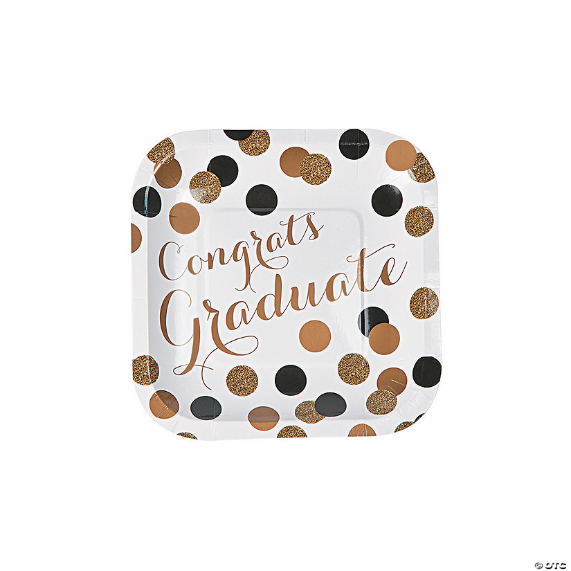 Black & Gold Graduation Party Congrats Graduate Square Paper Dessert Plates - 8 Ct. Image