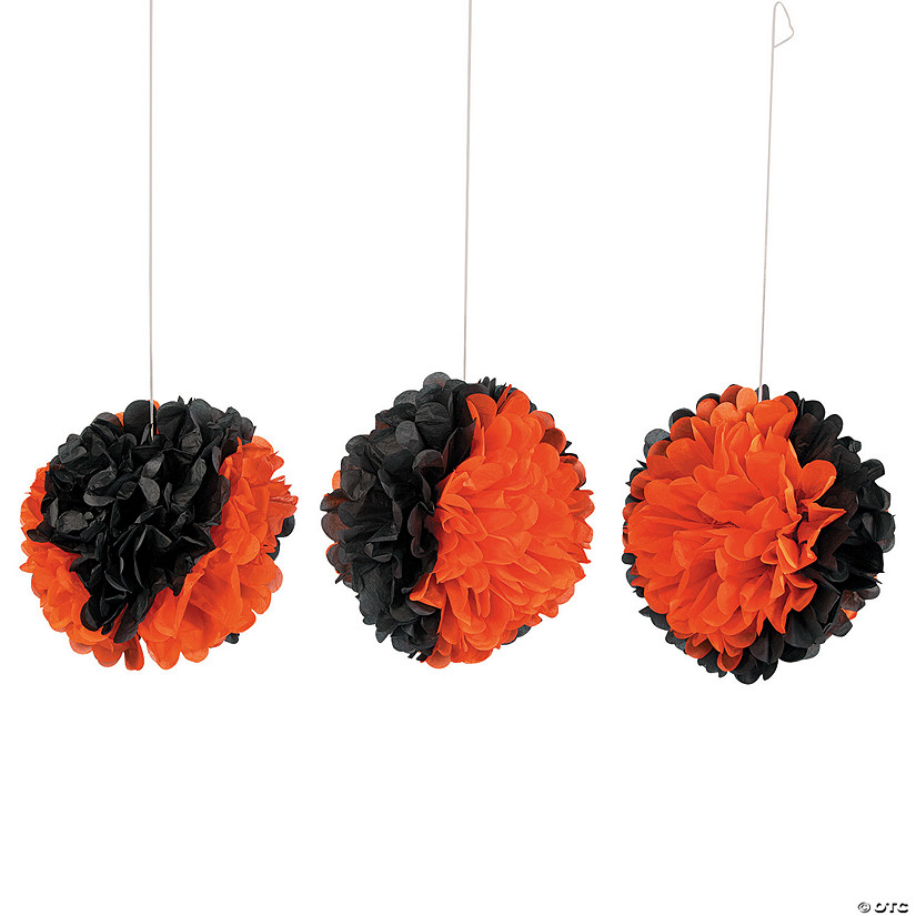 Black & Orange Pom-Pom Decorations with Grommet - 6 Pc. Image