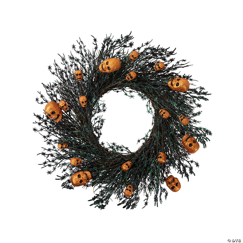 Black and Orange Skulls and Spiders Halloween Twig Wreath  22-Inch  Unlit Image