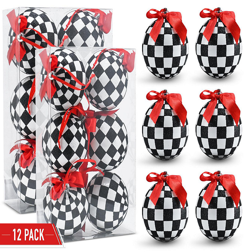 Black and White Ornaments - Glittered Black and White Checkered Ball Ornament with Red Bow - Pack of 12 Image