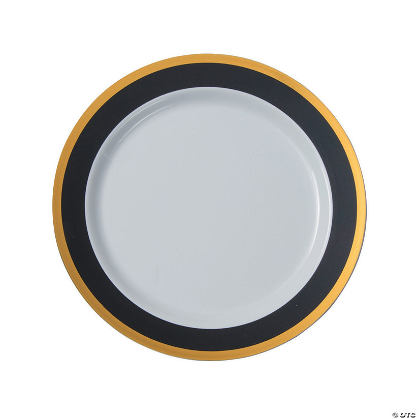 Black & White Premium Plastic Dinner Plates with Gold Border Oriental