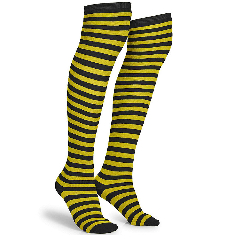 Black and Yellow Socks - Over The Knee Striped Thigh High Costume Accessories Bumble Bee Stockings for Women and Kids Image