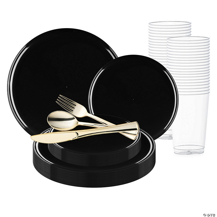 Black Flat Round Disposable Plastic Wedding Value Set - 60 Settings Image