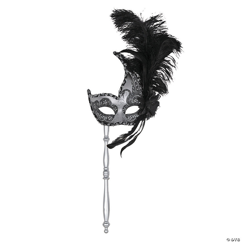 Black Masquerade Mask with Feathers and Silver Stick Image