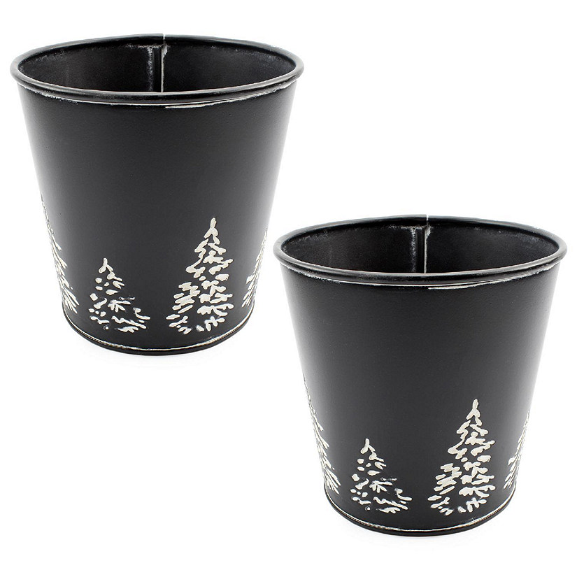 Black Mini Christmas Tree Buckets 2pk, Metal Tree-Embossed Image