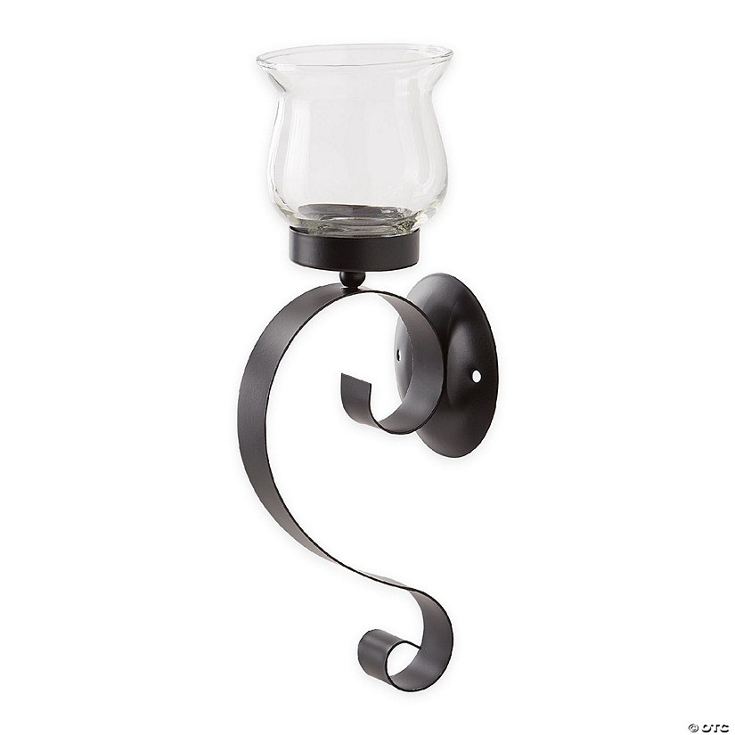 Black Rustic Iron And Glass Scrolling Candle Holder Wall Sconce 3.38X3.75X10.5" Image