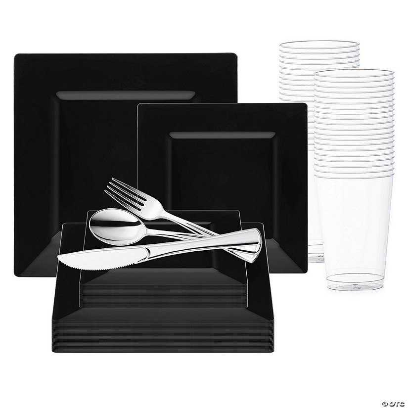 Black Square Plastic Wedding Value Set - 60 Settings Image
