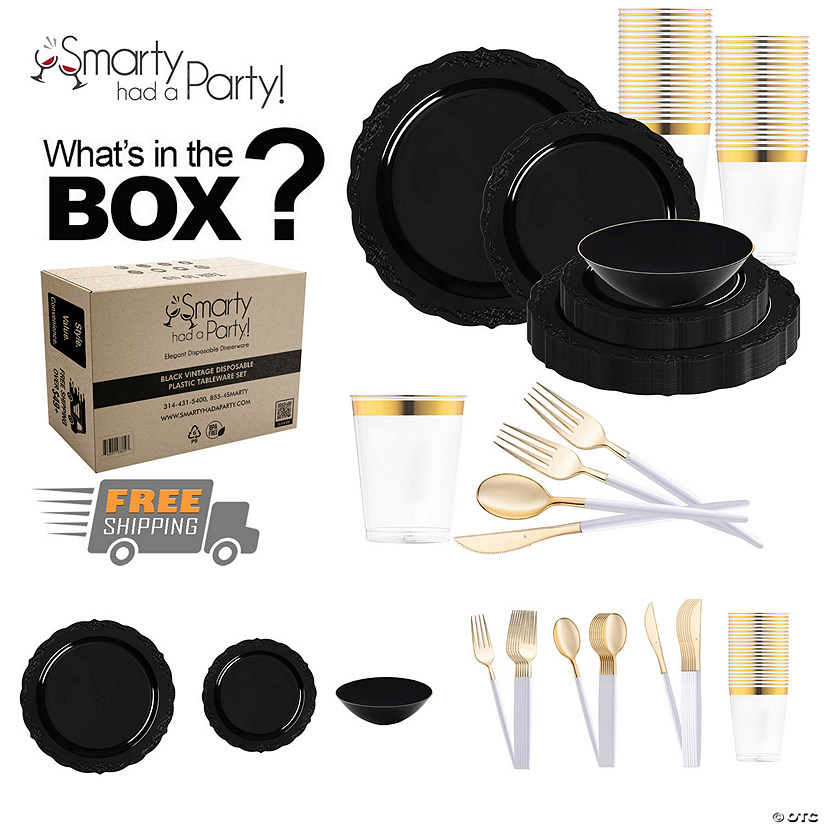 Black Vintage Disposable Plastic Tableware Set - 60 Settings Image