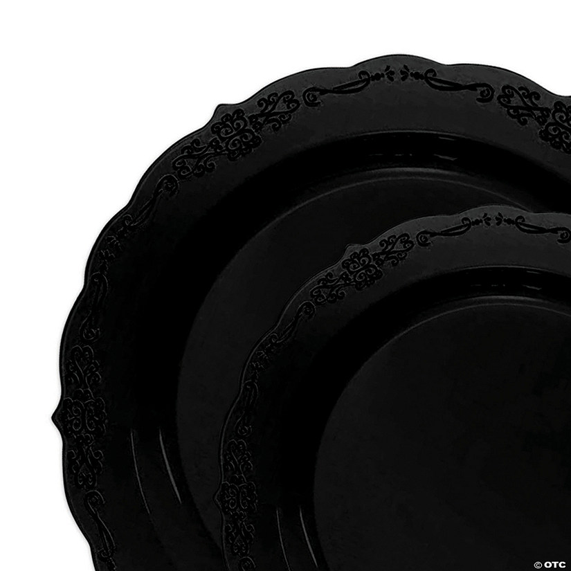 Black Vintage Rim Round Disposable Plastic Dinnerware Value Set (120 Dinner Plates + 120 Salad Plates) Image