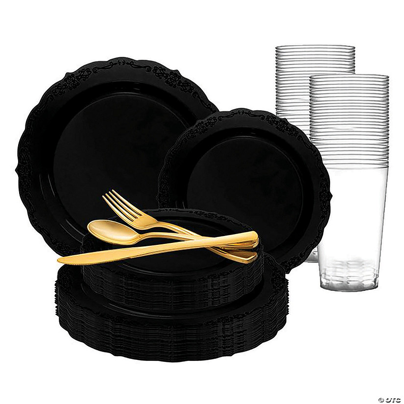 Black Vintage Rim Round Disposable Plastic Dinnerware Value Set (120 Settings) Image