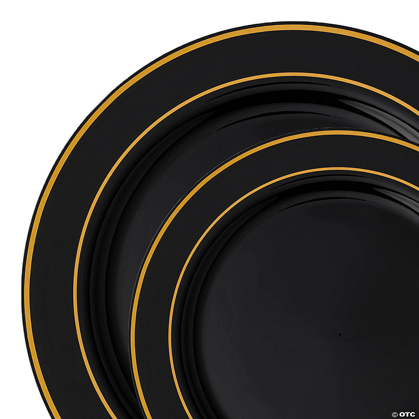 Black with Gold Edge Rim Plastic Dinnerware Value Set (120 Dinner Plates + 120 Salad Plates) Image