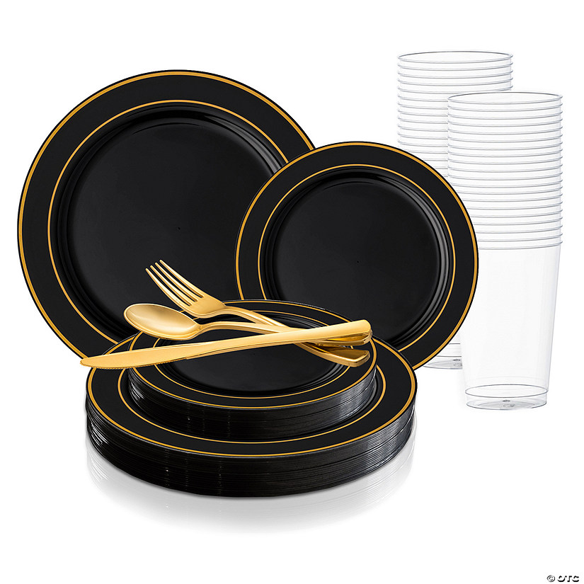 Black with Gold Edge Rim Plastic Dinnerware Value Set (60 Settings)