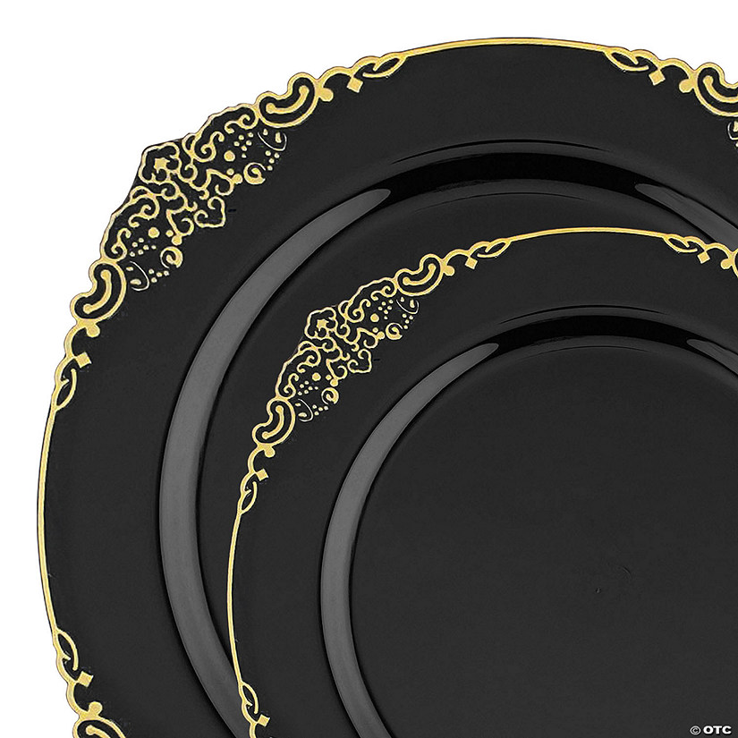 Black with Gold Fancy Round Disposable Plastic Dinnerware Value Set - (20 Settings) Image