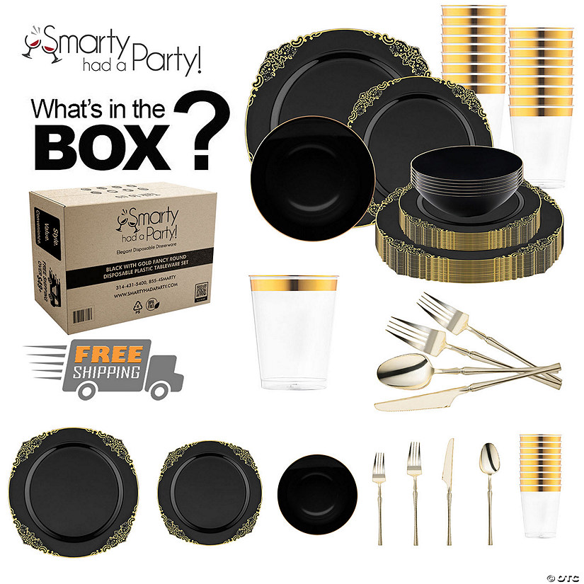 Black with Gold Fancy Round Disposable Plastic Tableware Set - (60 Settings) Image