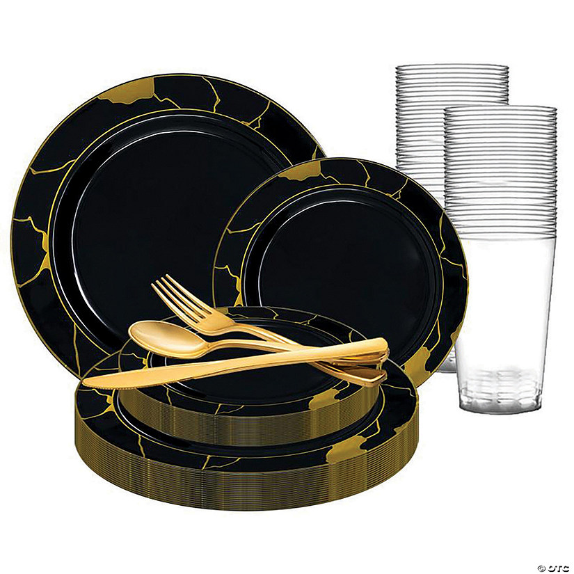 Black with Gold Marble Disposable Plastic Dinnerware Value Set (120 Settings) Image