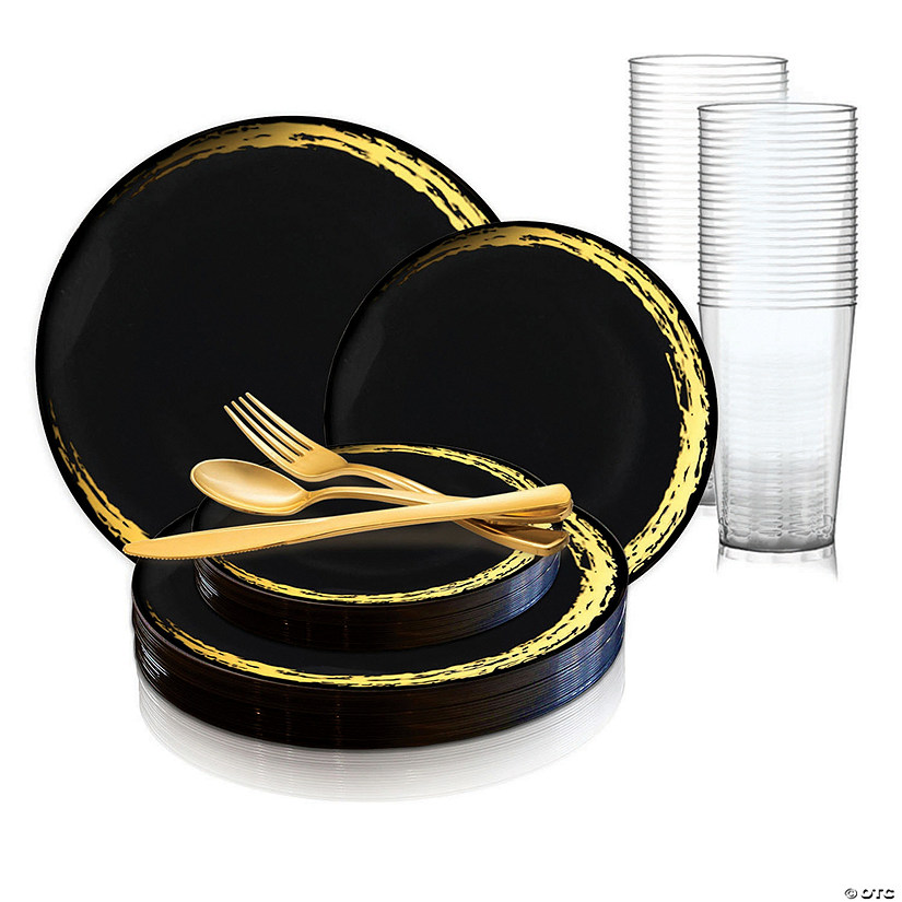 Black with Gold Moonlight Round Disposable Plastic Dinnerware Value Set (120 Settings) Image