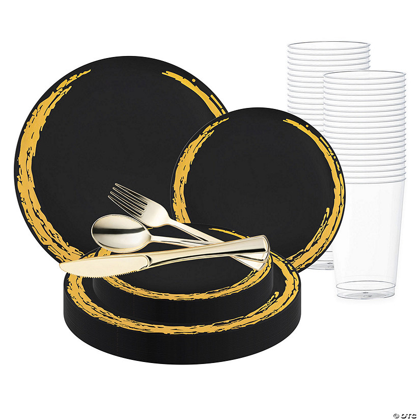 Black with Gold Moonlight Round Disposable Plastic Wedding Value Set - 60 Settings Image