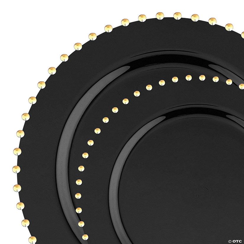 Black with Gold Pearl String Round Disposable Plastic Dinnerware Value Set - (20 Settings) Image