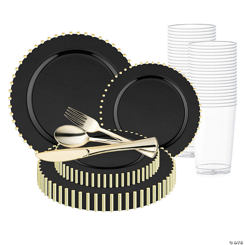 Black with Gold Pearl String Round Disposable Plastic Wedding Value Set - (20 Settings) Image